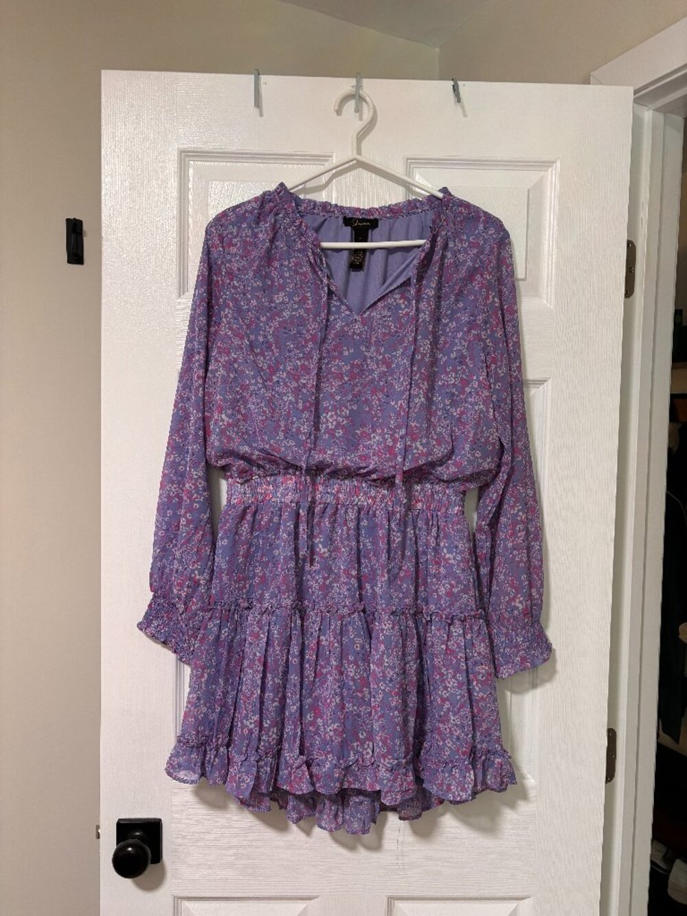 Floral Long Sleeve Ruffle Midi Dress | Lavender Bohemian Dress (Large)